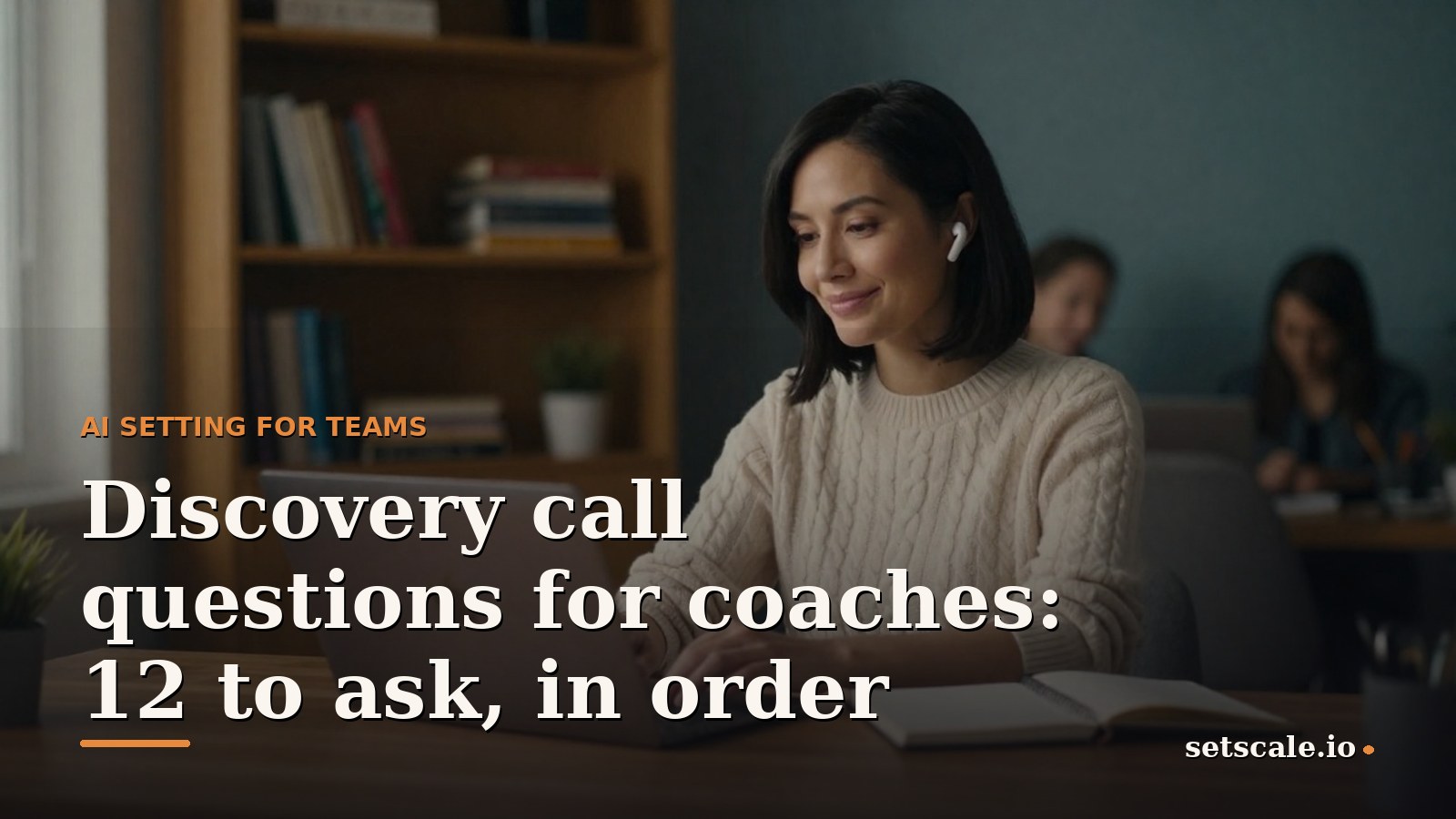 Woman around thirty with a sleek black chin-length bob, wearing a cream cable-knit sweater, sitting at a walnut desk by a tall window in a small home office lined with books, wireless earbuds in, a paper notebook open beside her laptop as she prepares for a video call, soft warm side light