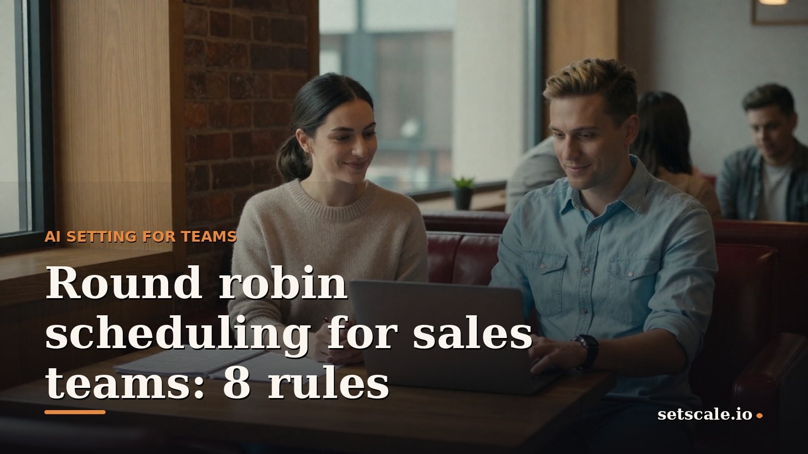 Man around thirty with short dark blond hair and a light denim shirt with rolled sleeves, sitting in the lounge corner of a warm agency office with a cognac leather sofa, a brick wall and a paper weekly planner open on a low walnut table, soft daylight from a tall window