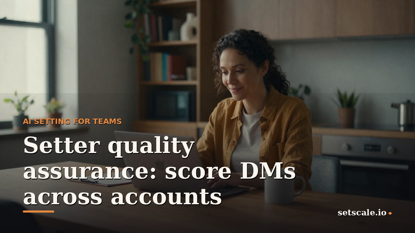 Woman around thirty with dark curly hair tied back, wearing an ochre linen shirt, seated at a long reclaimed oak table in a warm agency office with a full bookshelf and hanging plants, printed conversation transcripts and a mug beside her, soft daylight from a side window