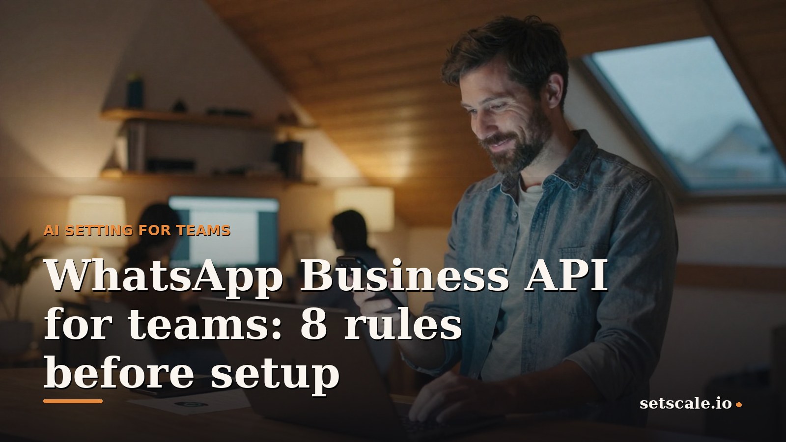 Man in his early thirties reviewing the WhatsApp setup of a client account with his team, short beard, grey blue chambray shirt, standing in a converted attic office with a sloped wooden ceiling, warm table lamps and a large window at dusk, phone in one hand and a second screen behind him